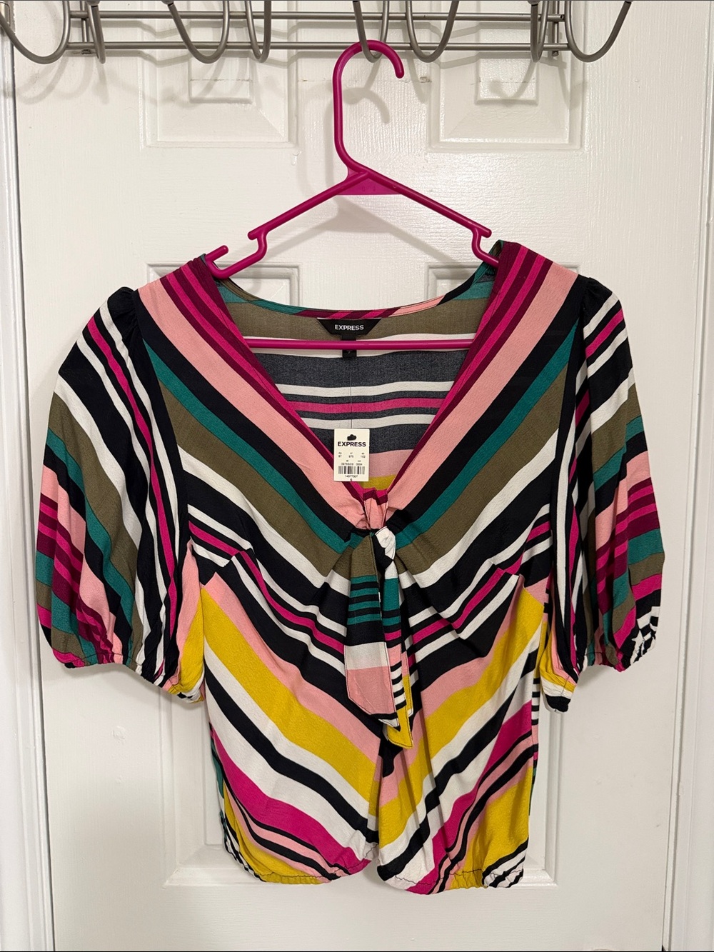 Express Striped Tie-Front Blouse in Pink, Yellow, White, Black & Green